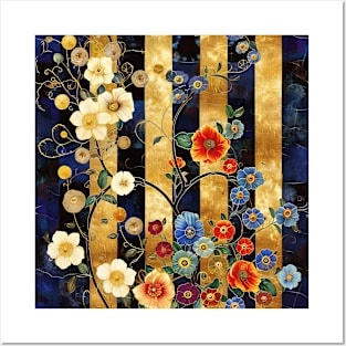 Rambling Flowers on Black and Gold Stripes Posters and Art